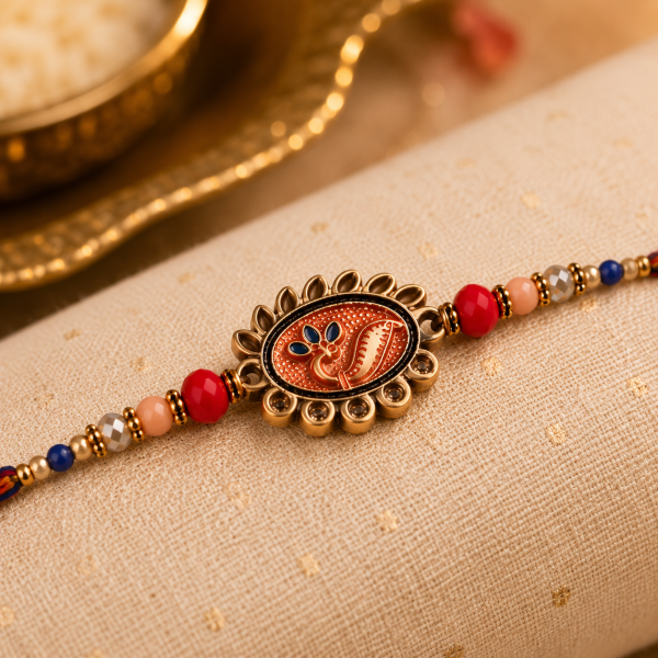 ACCESSHER Meenakari Peacock Design Rakhi - Gift Set with Roli, Kumkum & Greeting Card