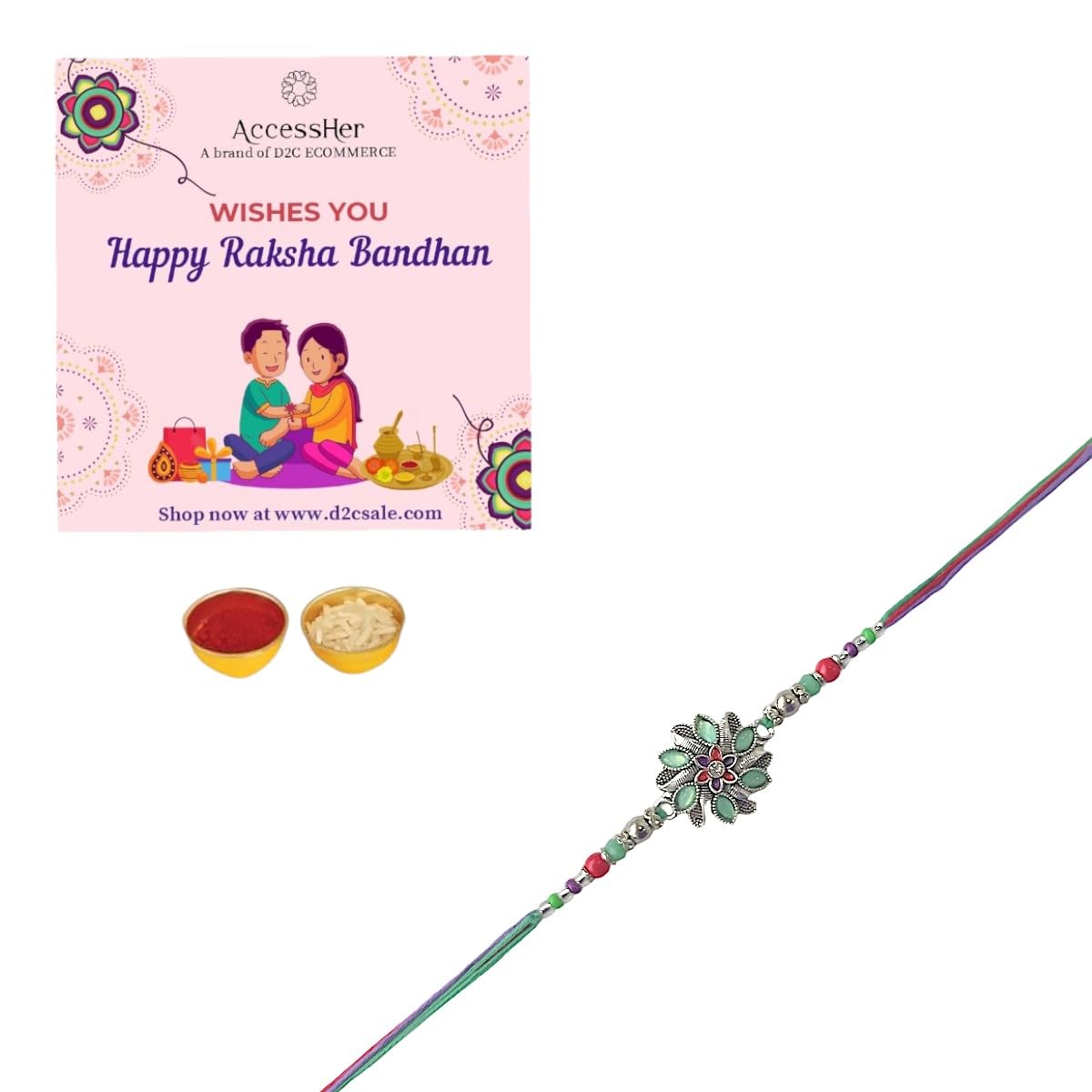 ACCESSHER Mint Green Meenakari Rakhi - Gift Set with Roli, Kumkum & Raksha Bandhan Greeting Card - Image 5
