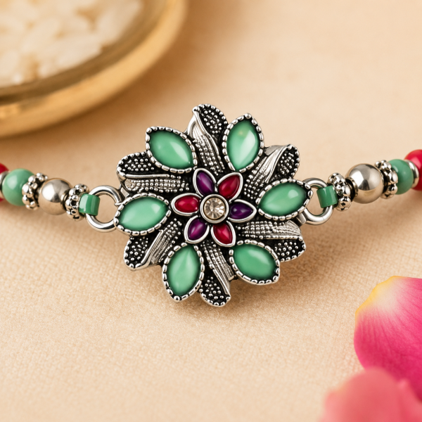 ACCESSHER Mint Green Meenakari Rakhi - Gift Set with Roli, Kumkum & Raksha Bandhan Greeting Card