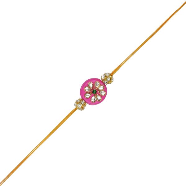 ACCESSHER Pink Enamel Kundan Rakhi with Rhinestone Detailing - Gift Set with Roli, Kumkum & Raksha Bandhan Greeting Card