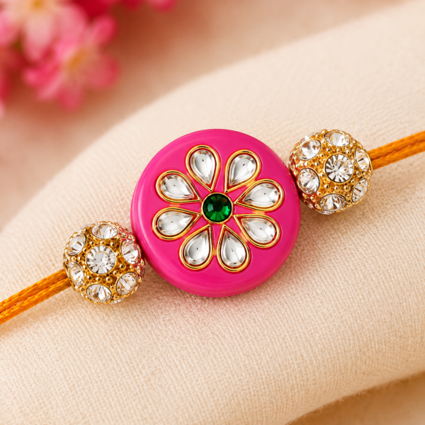 ACCESSHER Pink Enamel Kundan Rakhi with Rhinestone Detailing - Gift Set with Roli, Kumkum & Raksha Bandhan Greeting Card