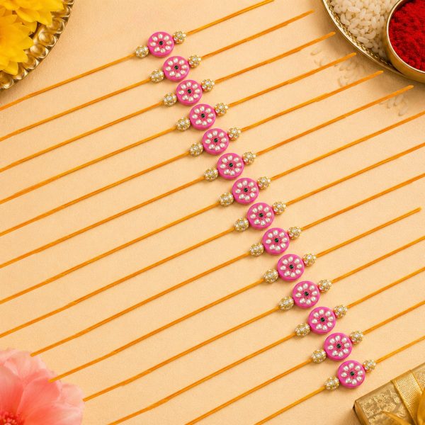 ACCESSHER Pink Enamel Kundan Rakhi with Rhinestone Detailing - Gift Set with Roli, Kumkum & Raksha Bandhan Greeting Card