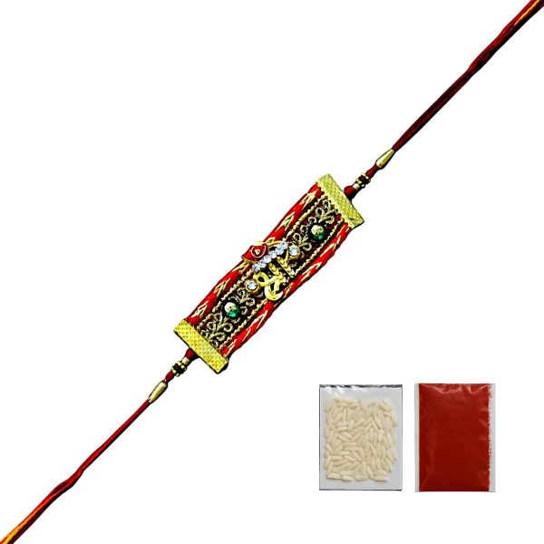 ACCESSHER Red Ganesha Lace Rakhi for Brother with Roli, Kumkum & Raksha Bandhan Greeting Card
