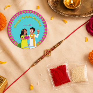 ACCESSHER Wooden OM Rakhi with Roli, Rice & Raksha Bandhan Greeting Card