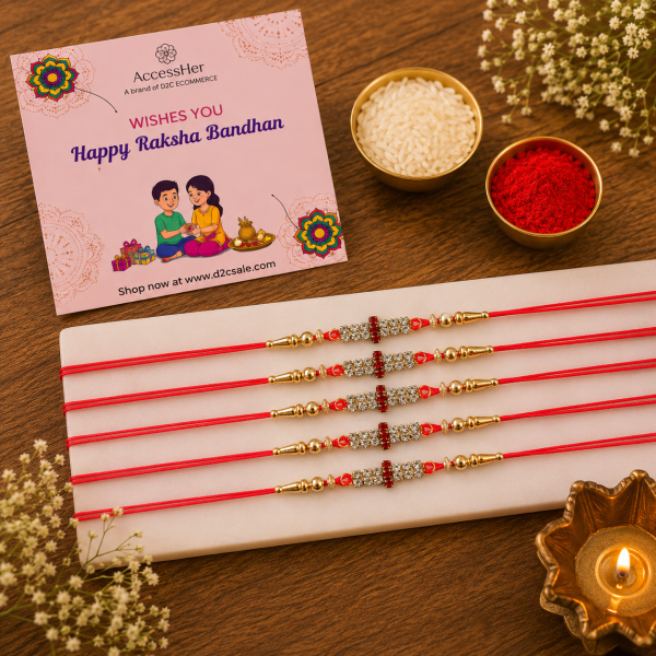 ACCESSHER Rhinestone Studded Delicate Rakhi - Gift Set with Roli, Kumkum & Greeting Card (Pack of 6)