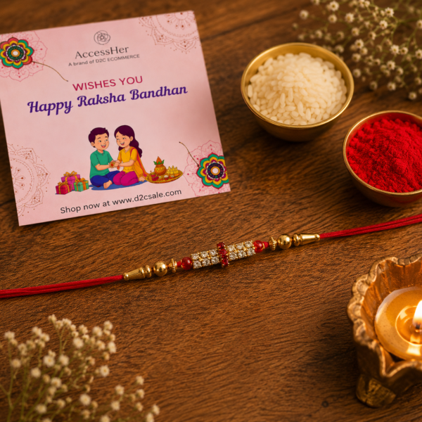 ACCESSHER Rhinestone Studded Delicate Rakhi - Gift Set with Roli, Kumkum & Greeting Card (Pack of 6)
