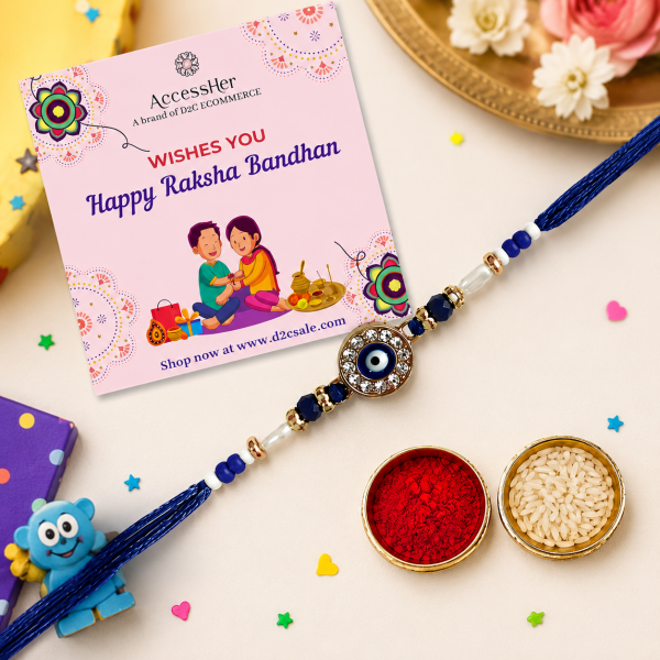 ACCESSHER Mens Traditional Semi Precious Stones Studded Evill Eye Rakhi Beloved Brother & Gifting with Roli Kumkum Packets & Happy Rakshabandhan Card 4 ACCESSHER Evil Eye Rakhi with Semi-Precious Stone Detailing - Gift Set with Roli, Kumkum & Greeting Card
