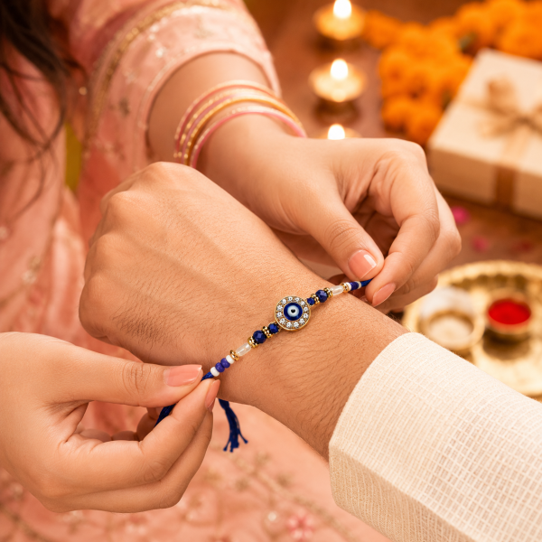 ACCESSHER Mens Traditional Semi Precious Stones Studded Evill Eye Rakhi Beloved Brother & Gifting with Roli Kumkum Packets & Happy Rakshabandhan Card 6 ACCESSHER Evil Eye Rakhi with Semi-Precious Stone Detailing - Gift Set with Roli, Kumkum & Greeting Card
