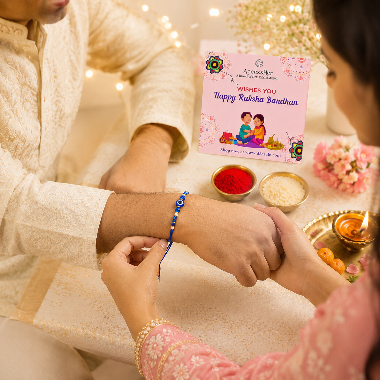 ACCESSHER Quirky Evil Eye Blue Rakhi - Roli, Kumkum & Raksha Bandhan Greeting Card - Image 3