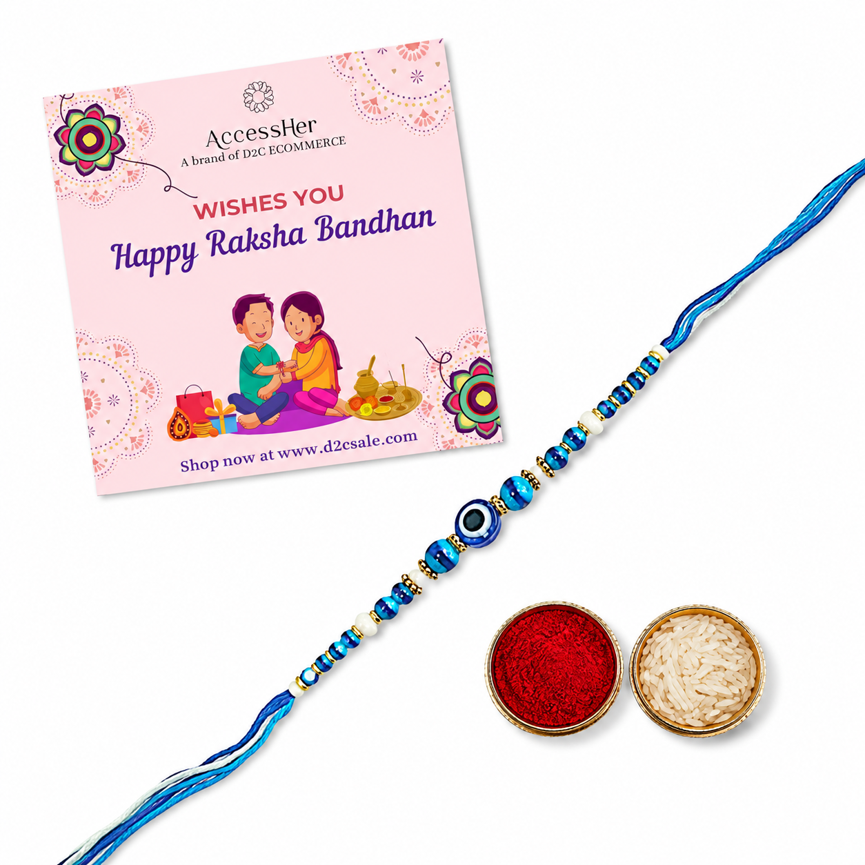 ACCESSHER Quirky Evil Eye Blue Rakhi - Roli, Kumkum & Raksha Bandhan Greeting Card - Image 4