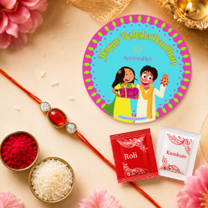 ACCESSHER Red Ruby Kundan Rakhi with Rhinestone Detailing - Gift Set with Roli, Kumkum & Greeting Card