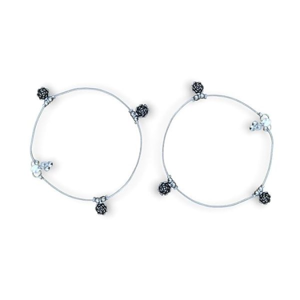 ACCESSHER Oxidised Silver-Tone Floral Anklet Set for Women & Girls | Rose Motif Payal & Leg Chain (Pair)