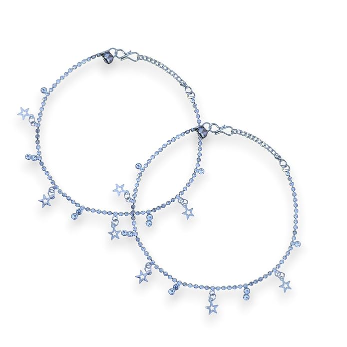 ACCESSHER Silver-Tone Star Charm Anklet Set for Women & Girls | Crystal Drop Celestial Payal Pair - Image 5