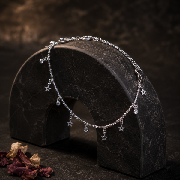 ACCESSHER Silver-Tone Star Charm Anklet Set for Women & Girls | Crystal Drop Celestial Payal Pair