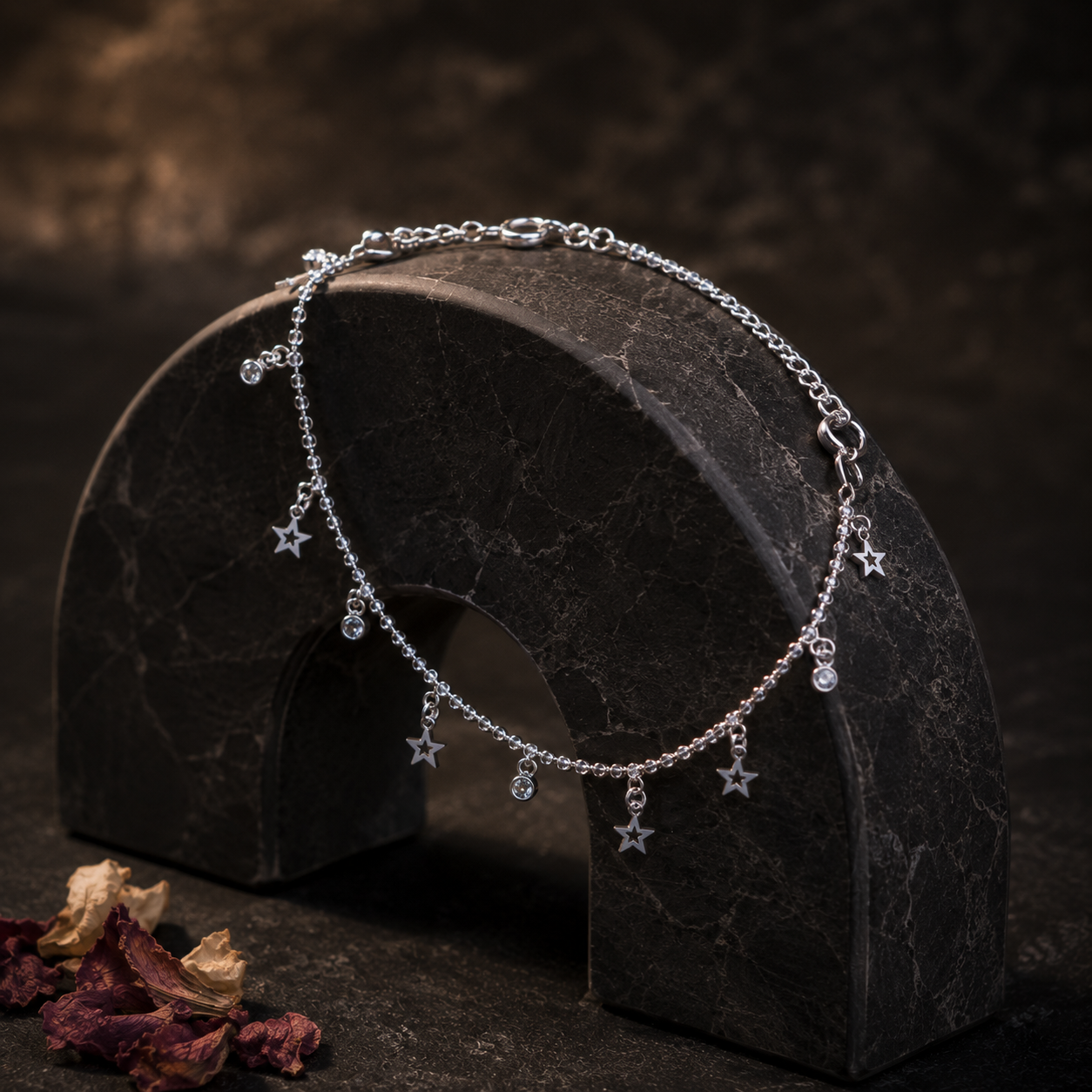 ACCESSHER Silver-Tone Star Charm Anklet Set for Women & Girls | Crystal Drop Celestial Payal Pair - Image 3