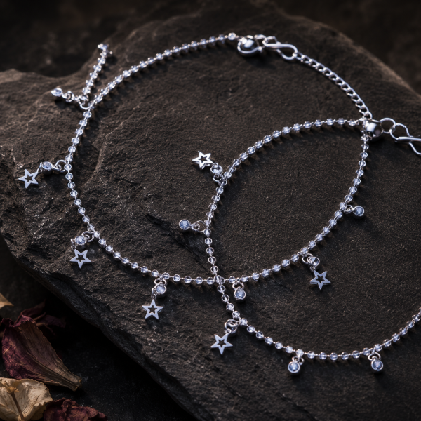 ACCESSHER Silver-Tone Star Charm Anklet Set for Women & Girls | Crystal Drop Celestial Payal Pair