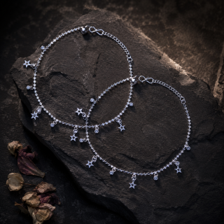ACCESSHER Silver-Tone Star Charm Anklet Set for Women & Girls | Crystal Drop Celestial Payal Pair