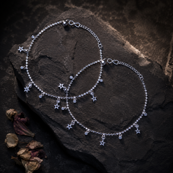 ACCESSHER Silver-Tone Star Charm Anklet Set for Women & Girls | Crystal Drop Celestial Payal Pair