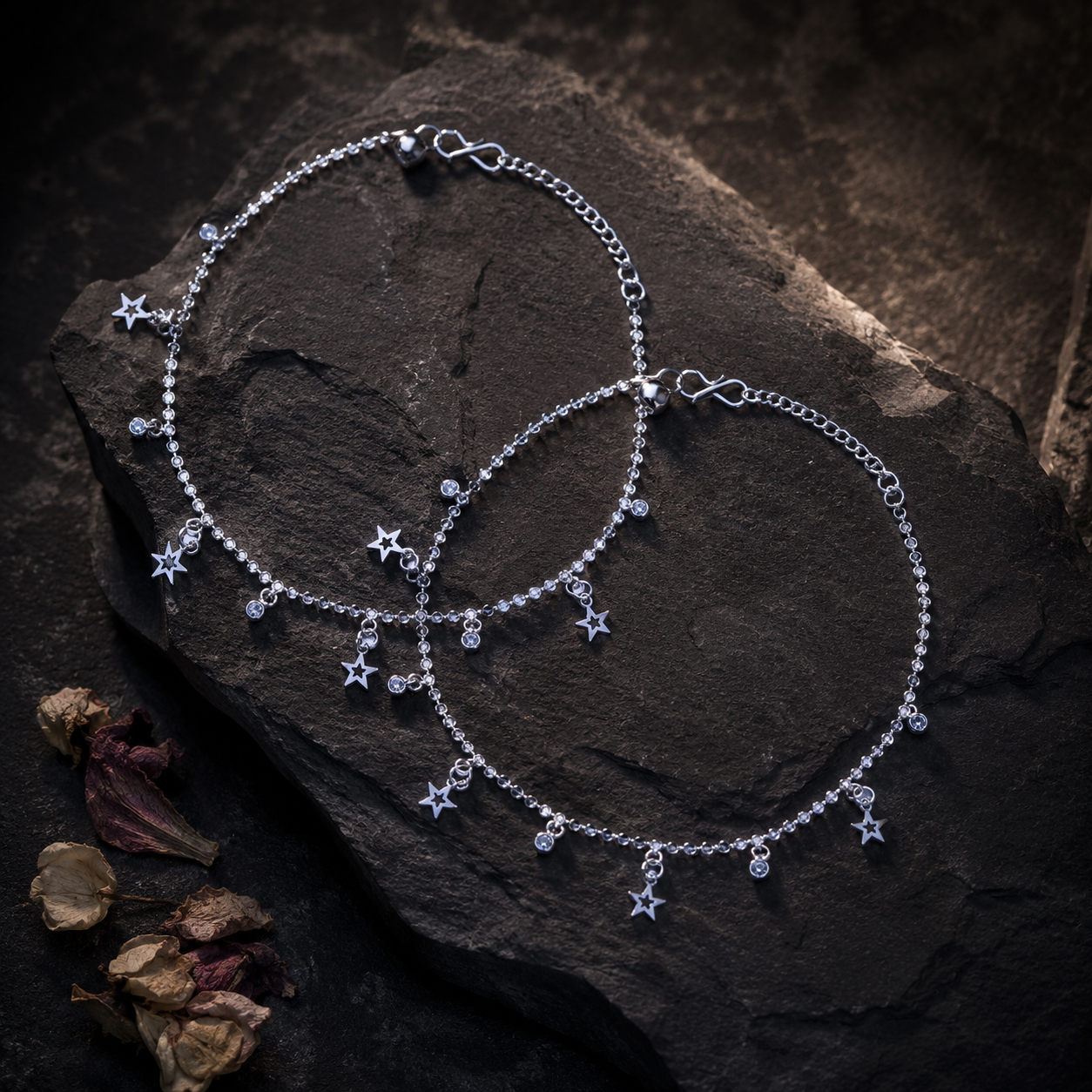 ACCESSHER Silver-Tone Star Charm Anklet Set for Women & Girls | Crystal Drop Celestial Payal Pair