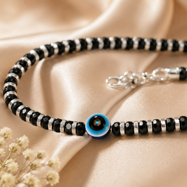 ACCESSHER 925 Sterling Silver Evil Eye Anklet for Women & Girls | Black Beaded Adjustable Single Anklet (Pack of 1)