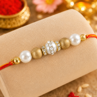 ACCESSHER Delicate Gold Beaded Rakhi - Gift Set with Roli, Kumkum & Greeting Card