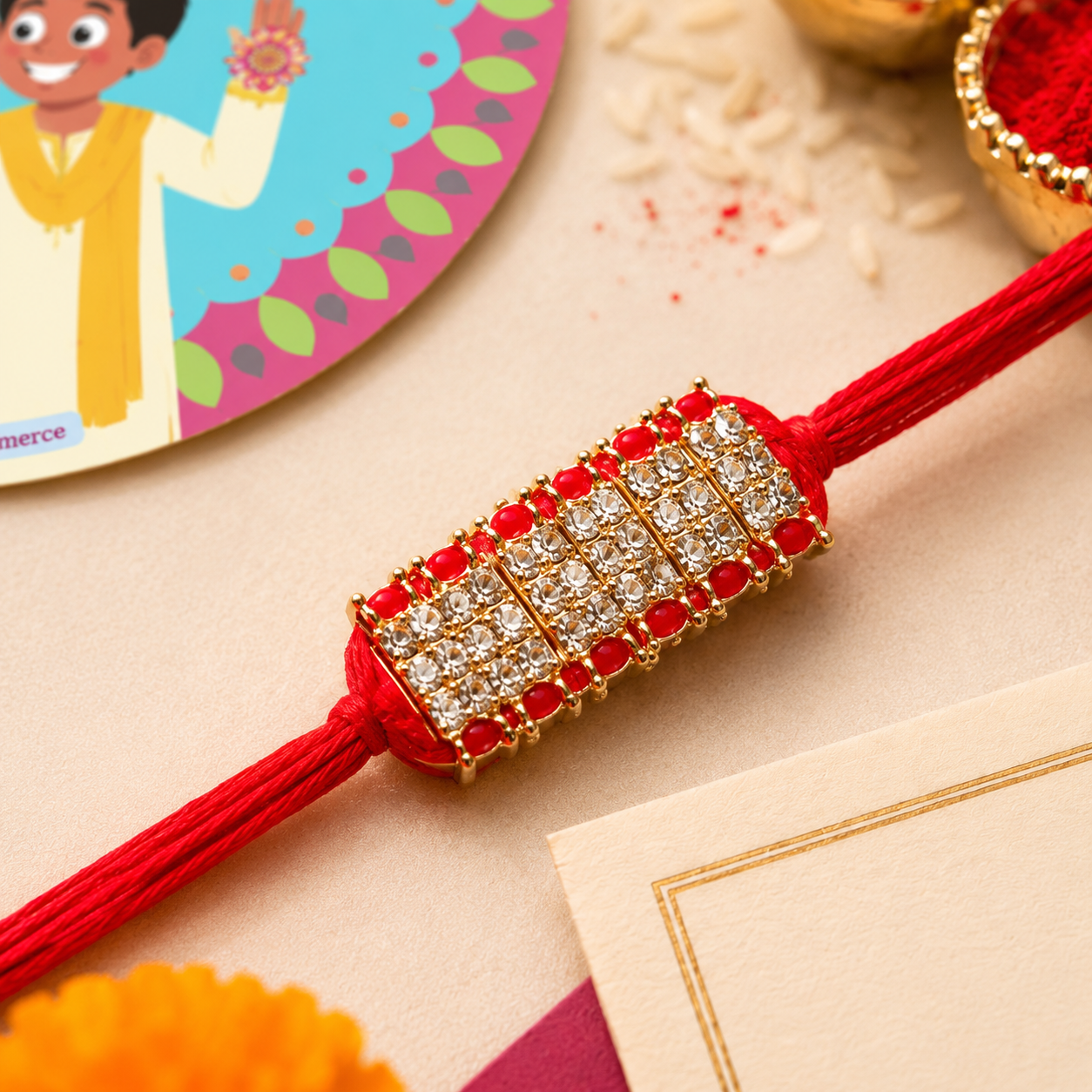 ACCESSHER Traditional Red Rhinestone Rakhi for Brother with Roli, Kumkum & Raksha Bandhan Card - Image 2