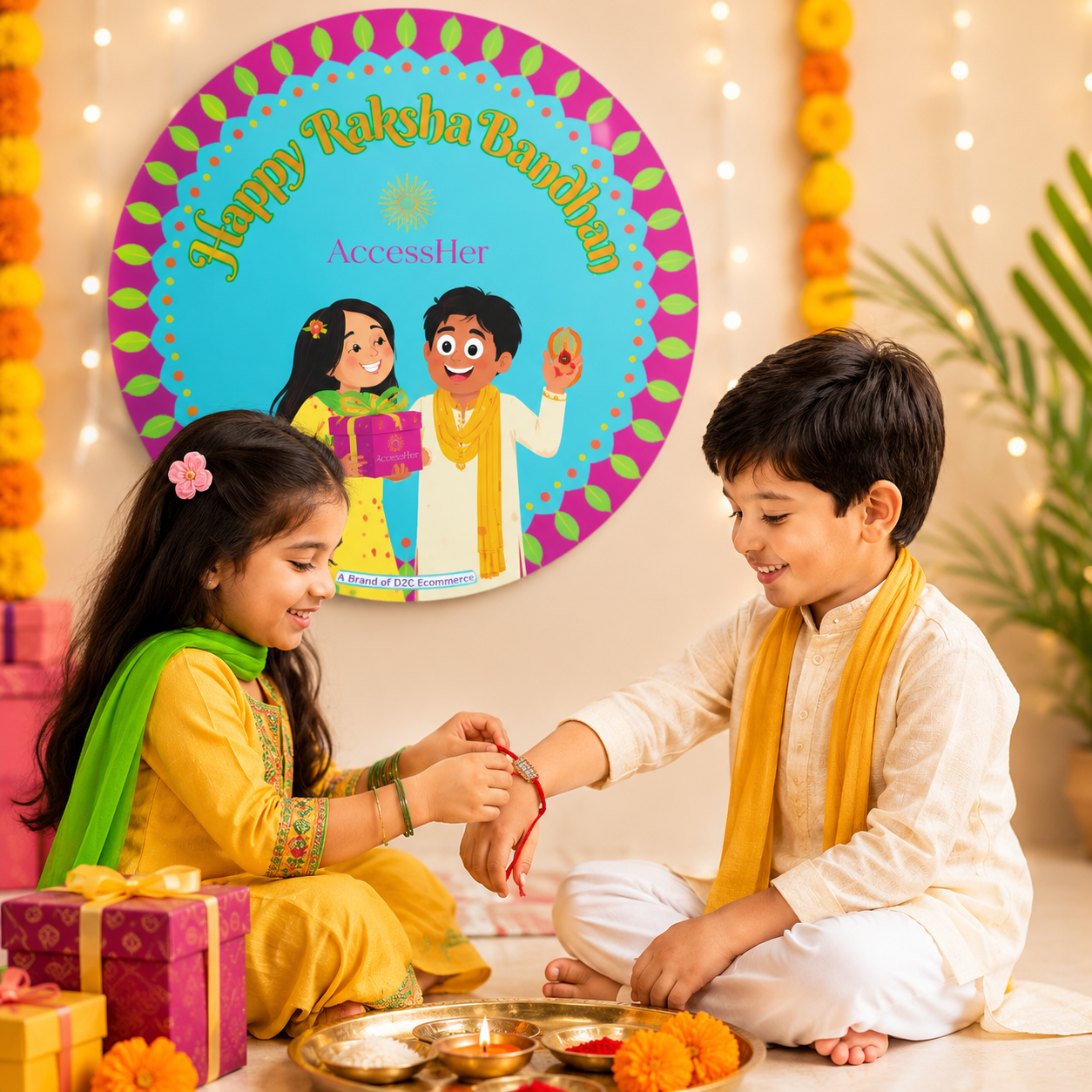 ACCESSHER Traditional Red Rhinestone Rakhi for Brother with Roli, Kumkum & Raksha Bandhan Card - Image 3