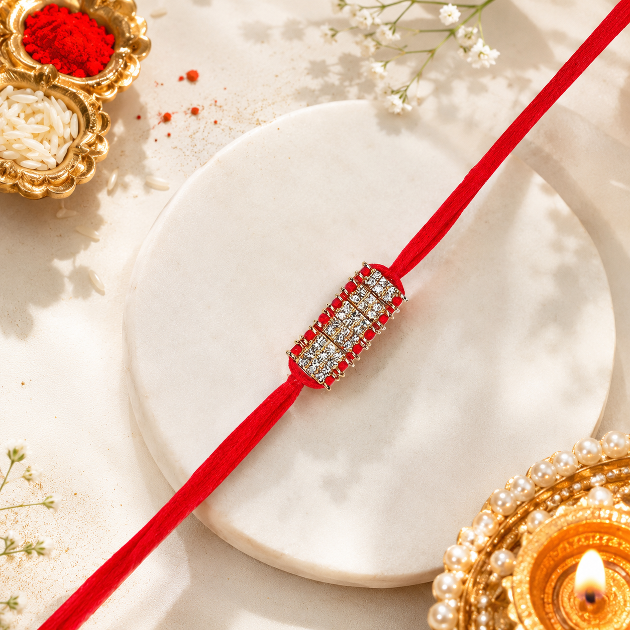 ACCESSHER Traditional Red Rhinestone Rakhi for Brother with Roli, Kumkum & Raksha Bandhan Card - Image 4