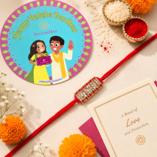 ACCESSHER Traditional Red Rhinestone Rakhi for Brother with Roli, Kumkum & Raksha Bandhan Card