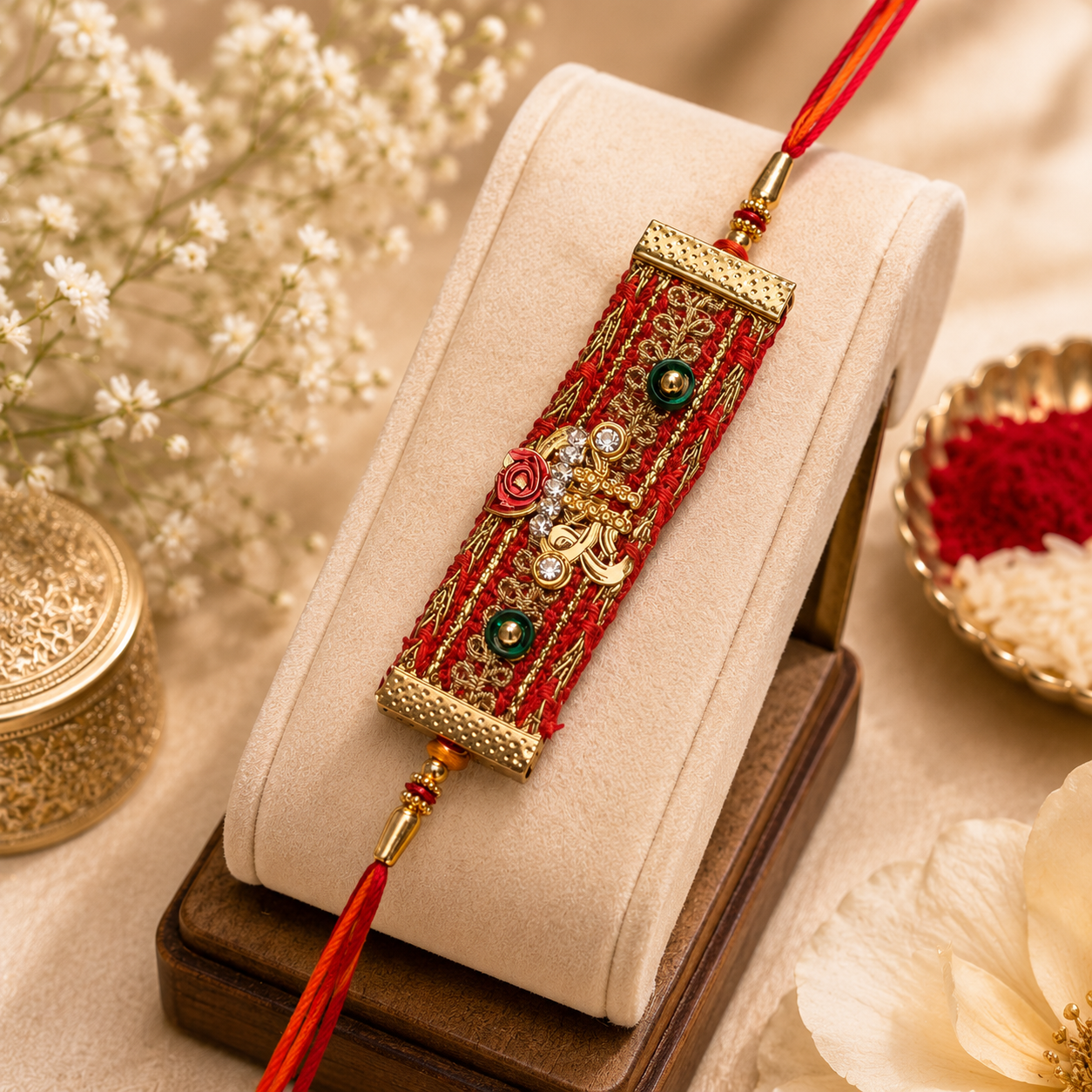 ACCESSHER Religious Shree Fabric Rakhi - Gift Set with Multicolor Detailing, Roli, Kumkum & Greeting Card
