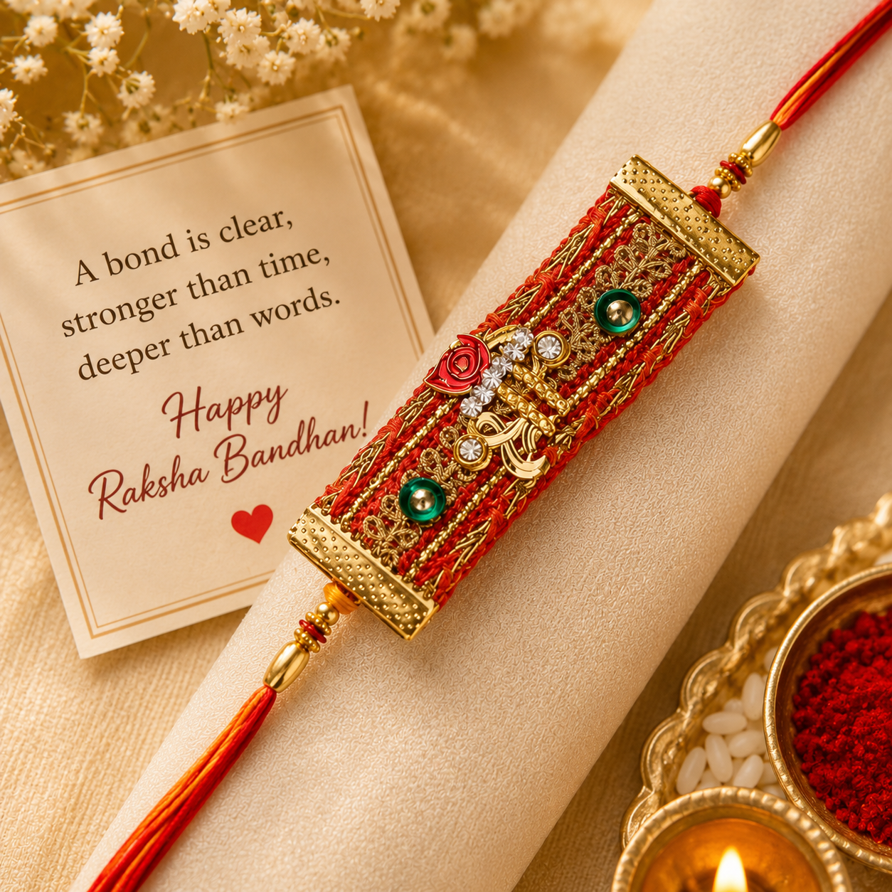 ACCESSHER Religious Shree Fabric Rakhi - Gift Set with Multicolor Detailing, Roli, Kumkum & Greeting Card - Image 3