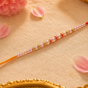 ACCESSHER Elegant Pearl Beaded Rakhi - Gift Set with Roli, Kumkum & Greeting Card