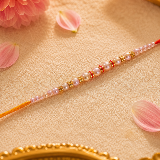 ACCESSHER Elegant Pearl Beaded Rakhi - Gift Set with Roli, Kumkum & Greeting Card