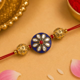 ACCESSHER Blue Enamel Kundan Rakhi with Rhinestone Detailing - Gift Set with Roli, Kumkum & Greeting Card