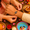 ACCESSHER Blue Enamel Kundan Rakhi with Rhinestone Detailing - Gift Set with Roli, Kumkum & Greeting Card