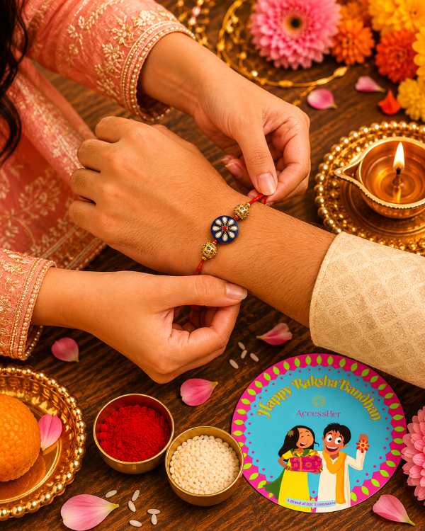 ACCESSHER Blue Enamel Kundan Rakhi with Rhinestone Detailing - Gift Set with Roli, Kumkum & Greeting Card