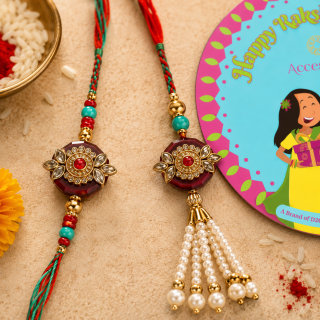 ACCESSHER Kundan & Pearl Embedded Bhaiya Bhabhi Rakhi Set with Roli, Kumkum & Greeting Card