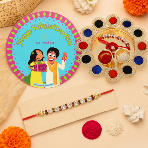 ACCESSHER Gold Tone Rakhi Set with Acrylic Pooja Thali, Roli, Kumkum & Greeting Card