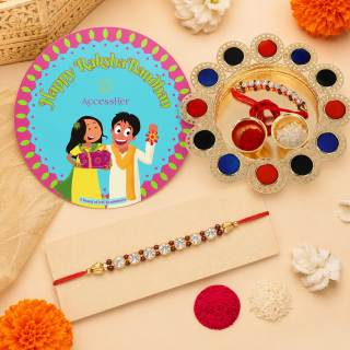 ACCESSHER Gold Tone Rakhi Set with Acrylic Pooja Thali, Roli, Kumkum & Greeting Card