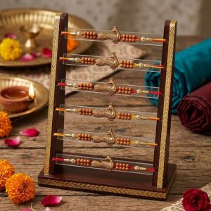 ACCESSHER Orange Meenakari Peacock Design Rakhi Set for with Roli, Kumkum & Greeting Card (Pack of 6)