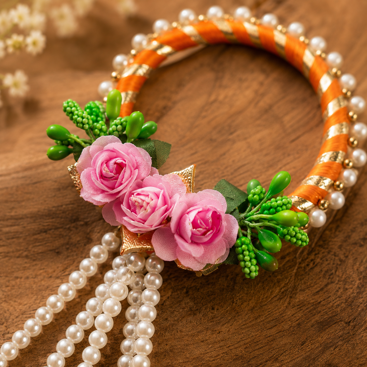 ACCESSHER Gota Work Floral Lumba Rakhi with Pom Pom Latkan for Bhabhi with Roli, Kumkum & Greeting Card - Image 3