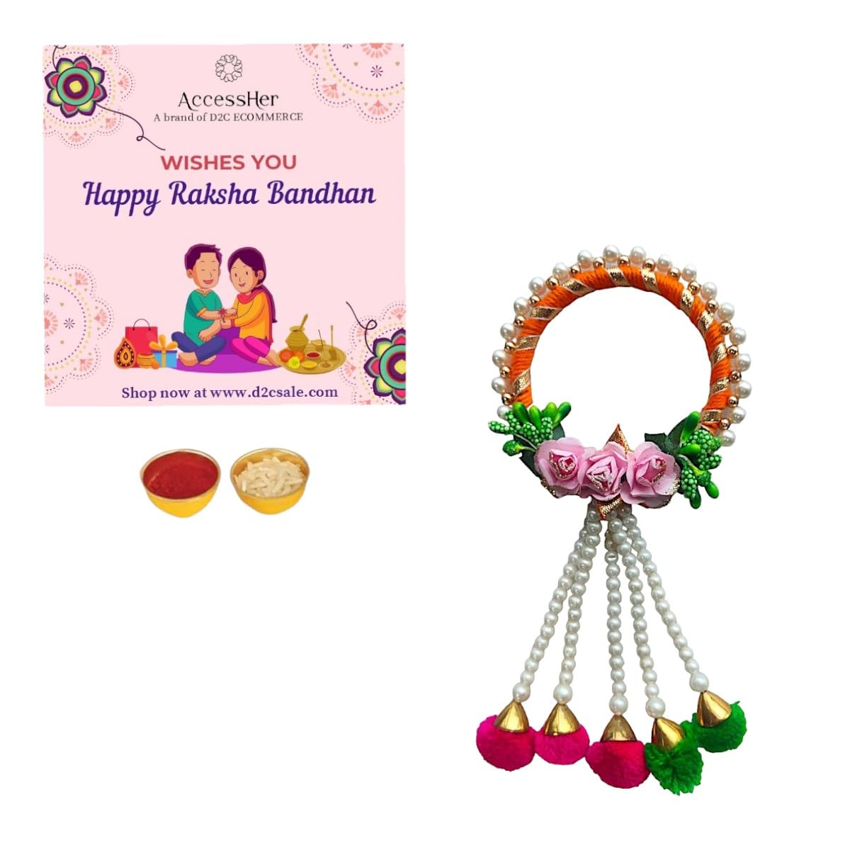 ACCESSHER Gota Work Floral Lumba Rakhi with Pom Pom Latkan for Bhabhi with Roli, Kumkum & Greeting Card - Image 5