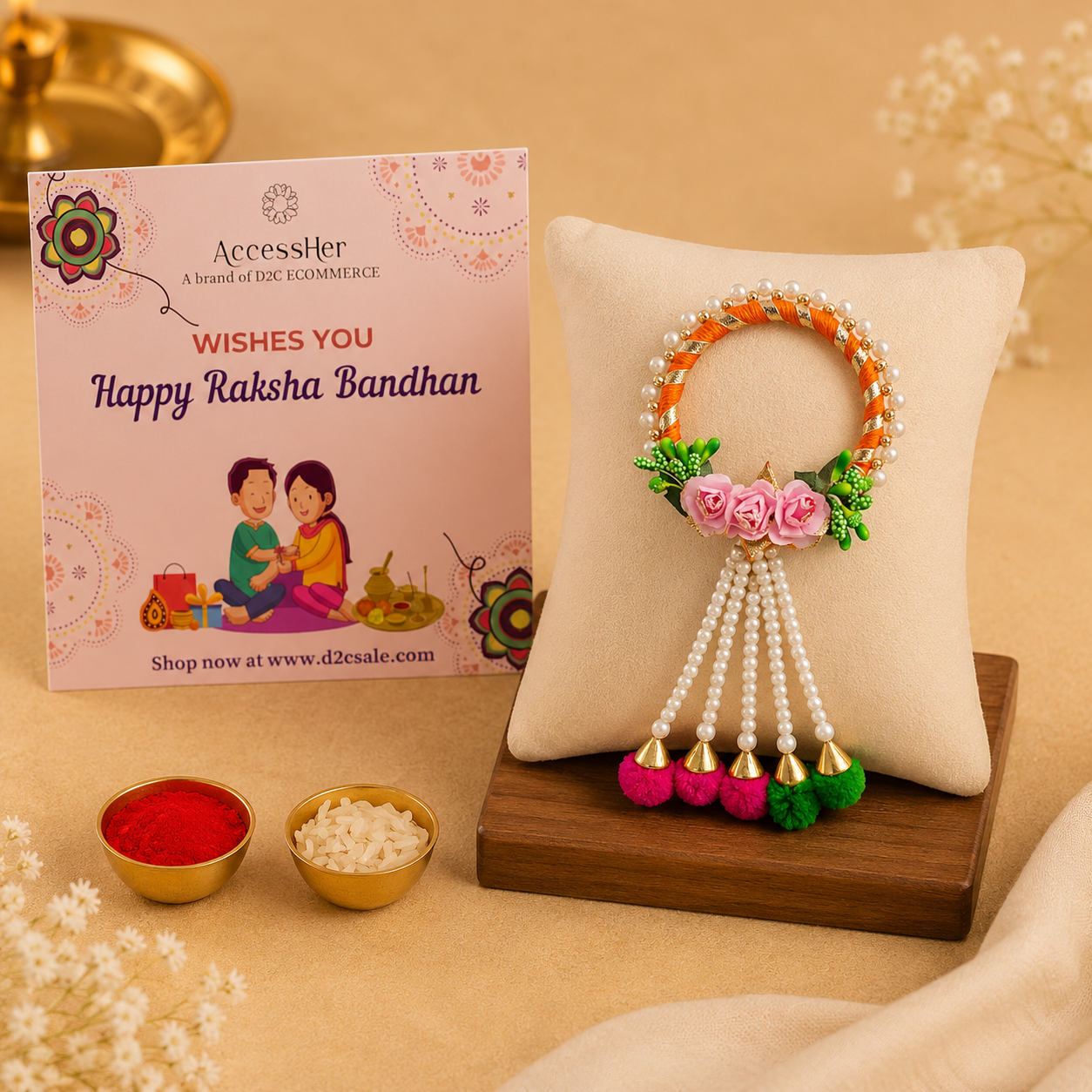 ACCESSHER Gota Work Floral Lumba Rakhi with Pom Pom Latkan for Bhabhi with Roli, Kumkum & Greeting Card - Image 4