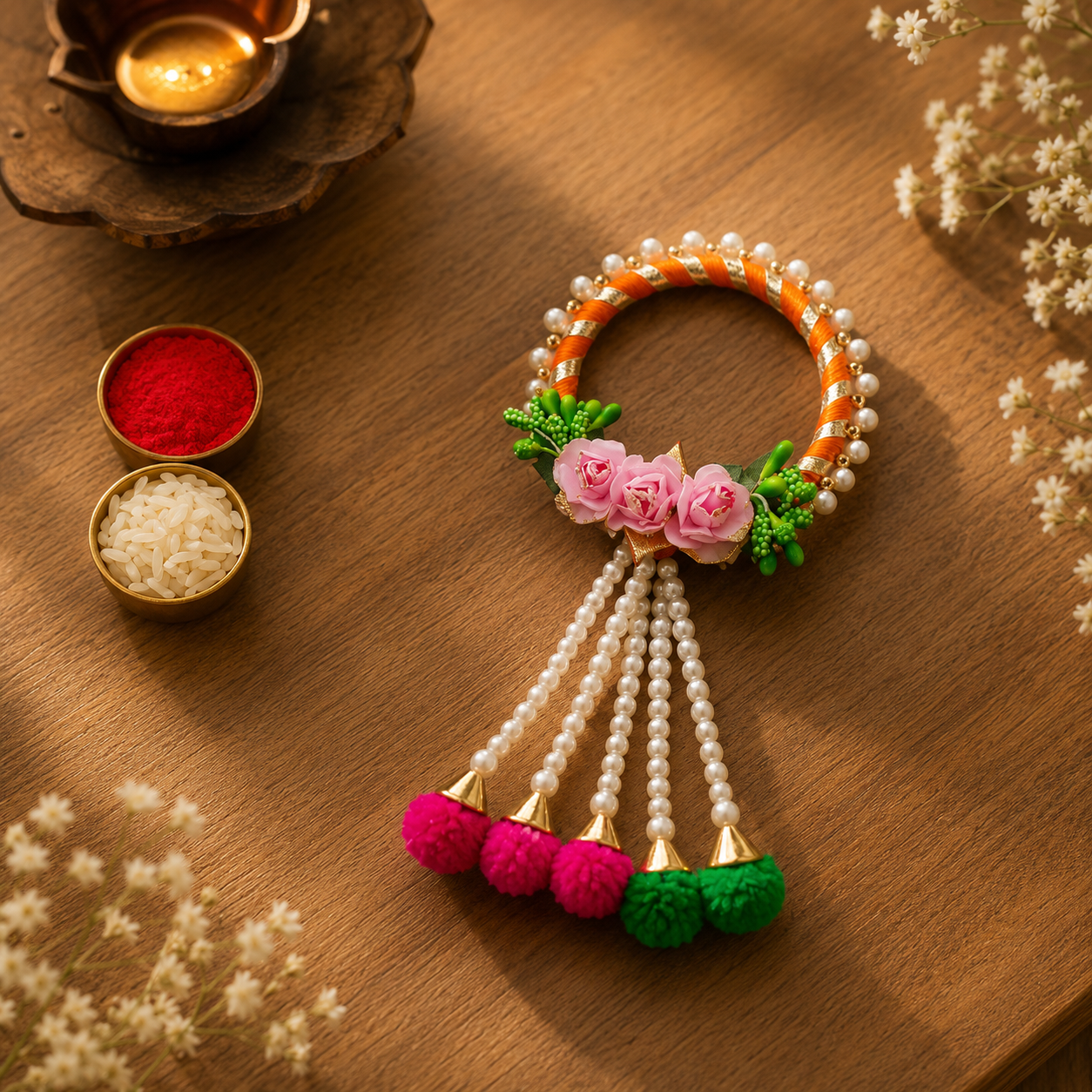 ACCESSHER Gota Work Floral Lumba Rakhi with Pom Pom Latkan for Bhabhi with Roli, Kumkum & Greeting Card