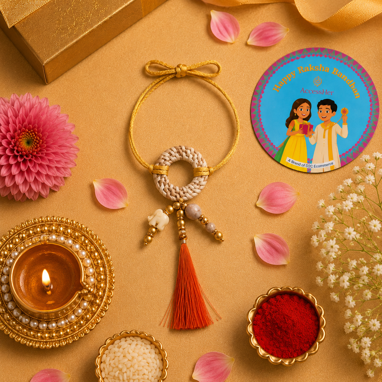 ACCESSHER Handcrafted Elephant Charm Rakhi with Tassel for Bhabhi - Gift set Roli, Kumkum & Greeting Card - Image 4