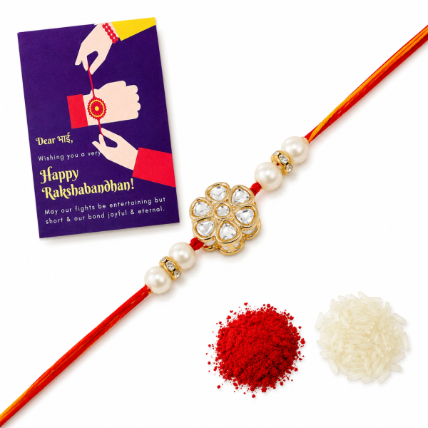 ACCESSHER Handmade White Floral Kundan Rakhi with Beads - Gift Set with Roli, Kumkum & Greeting Card
