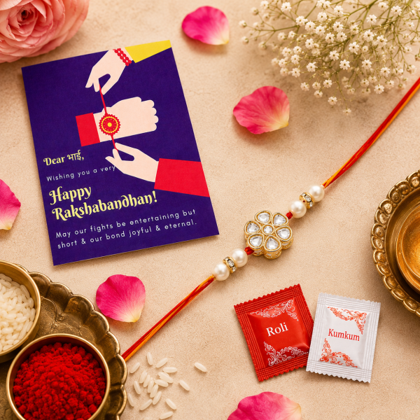 ACCESSHER Handmade White Floral Kundan Rakhi with Beads - Gift Set with Roli, Kumkum & Greeting Card