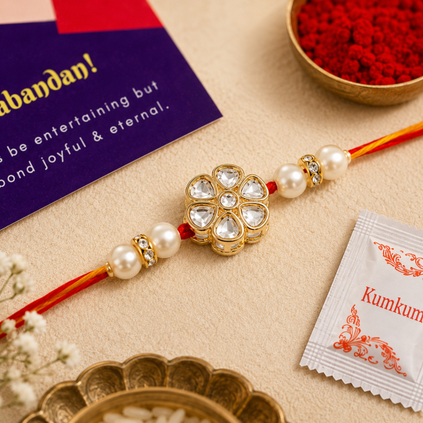 ACCESSHER Handmade White Floral Kundan Rakhi with Beads - Gift Set with Roli, Kumkum & Greeting Card