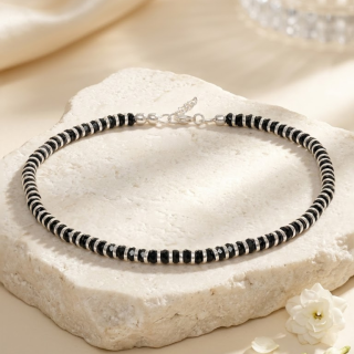 ACCESSHER 92.5 Sterling Silver Handcrafted Anklet - Black Beaded Detailing for Women (1 Piece)