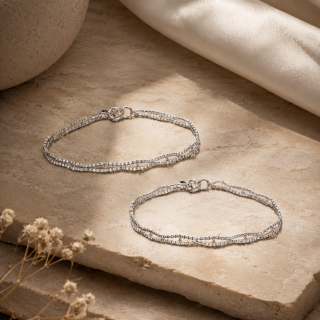 ACCESSHER Silver Plated Anklet Set - Rhinestone & Ghungroo Detailing and S-Hook Closure for Women (Set of 2)
